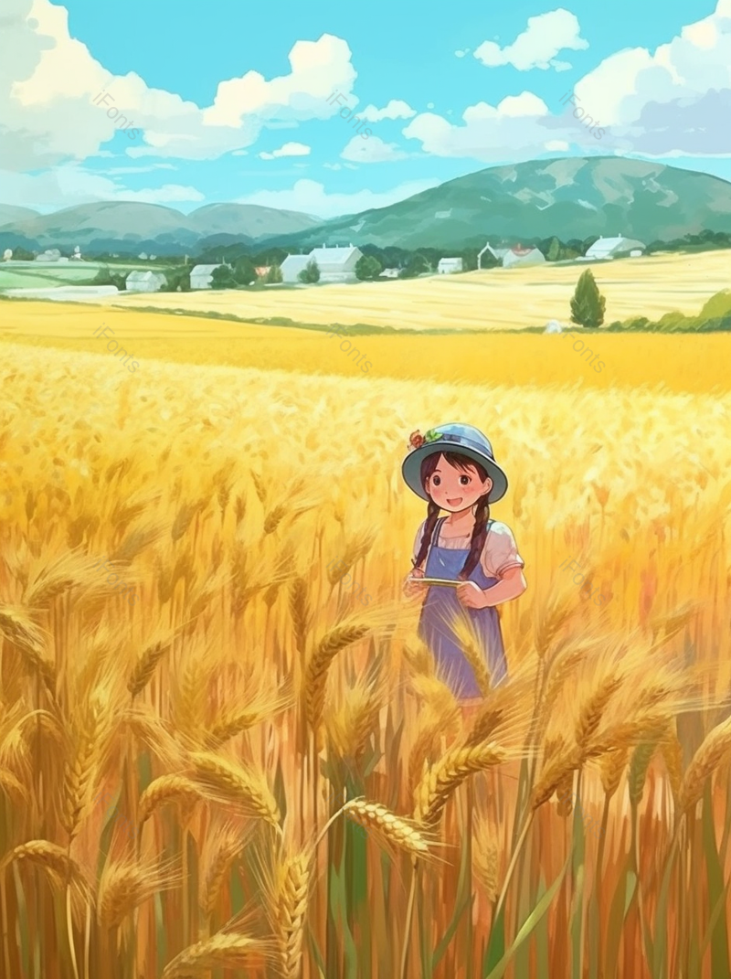 乡村女孩麦田稻田一个人游玩金色秋季丰收竖版插画,插画/手绘图,插画/手绘图库,插画/手绘图下载,插画/手绘